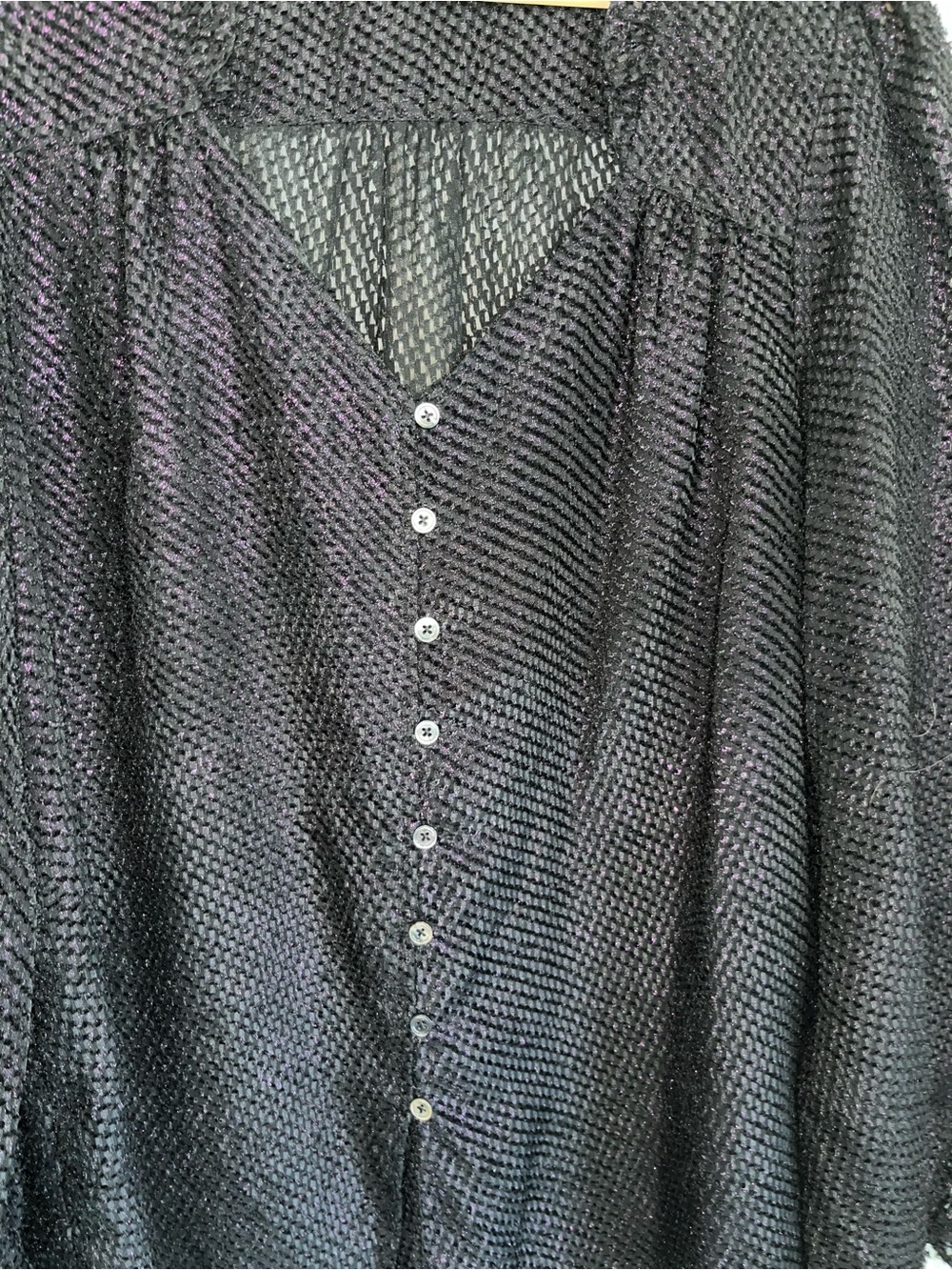 Current Air Black Textured Blouse Large Sheer Ruffle Neck Button Front Boho Top - Picture 4 of 6